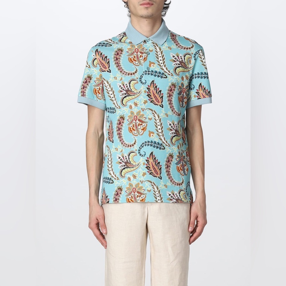 NWT $395 Etro Men's Paisley Print Polo Shirt Blue Jacquard Cotton Made in Italy